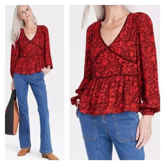 Knox Rose Women's Long Sleeve Embroidered Blouse Red Floral Size XXL Plus 2X - Picture 1 of 10